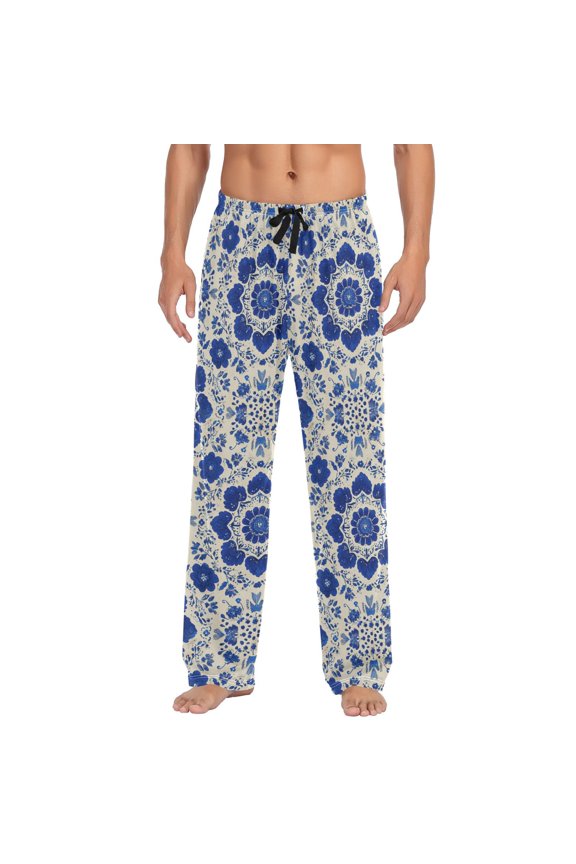 Men's Sleep Pants Lightweight Pjs Sleepwear Comfortable Lounge Pants Bottom Pants with Pocket Blue and White Batik Pattern
