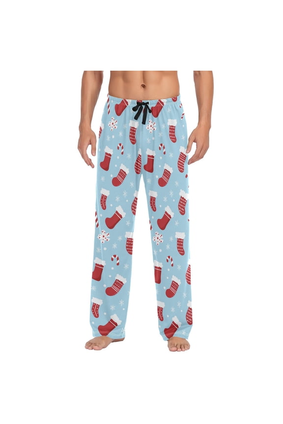 Men's Sleep Pants Lightweight Pjs Sleepwear Comfortable Lounge Pants Bottom Pants with Pocket Candy Canes and Christmas Stockings