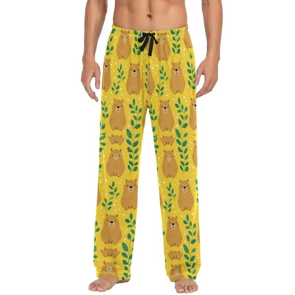 Men's Sleep Pants Lightweight Pjs Sleepwear Comfortable Lounge Pants Bottom Pants with Pocket Capybara and Green Leaves