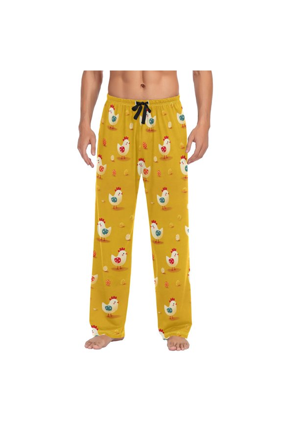 Men's Sleep Pants Lightweight Pjs Sleepwear Comfortable Lounge Pants Bottom Pants with Pocket Cartoon Chickens Pattern