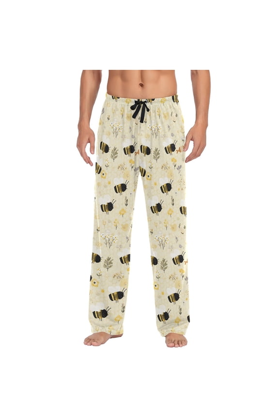 Men's Sleep Pants Lightweight Pjs Sleepwear Comfortable Lounge Pants Bottom Pants with Pocket Cute Bees and Honeycomb Pattern