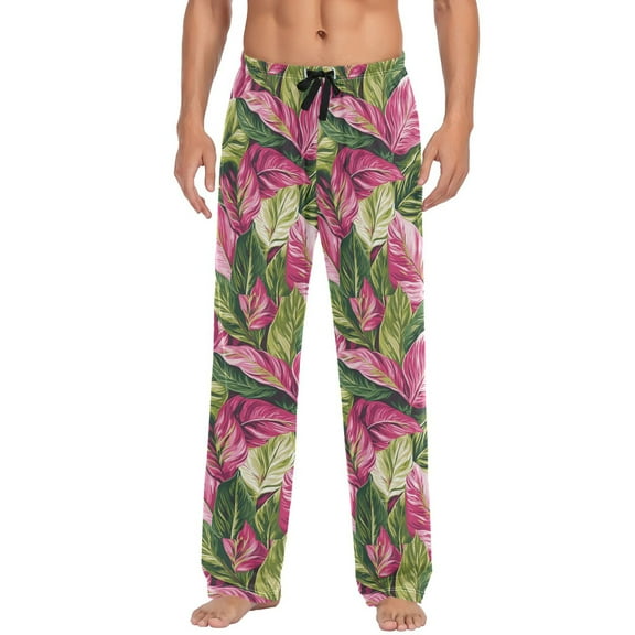 Men's Sleep Pants Lightweight Pjs Sleepwear Comfortable Lounge Pants Bottom Pants with Pocket Pink and Green Tropical Leaves