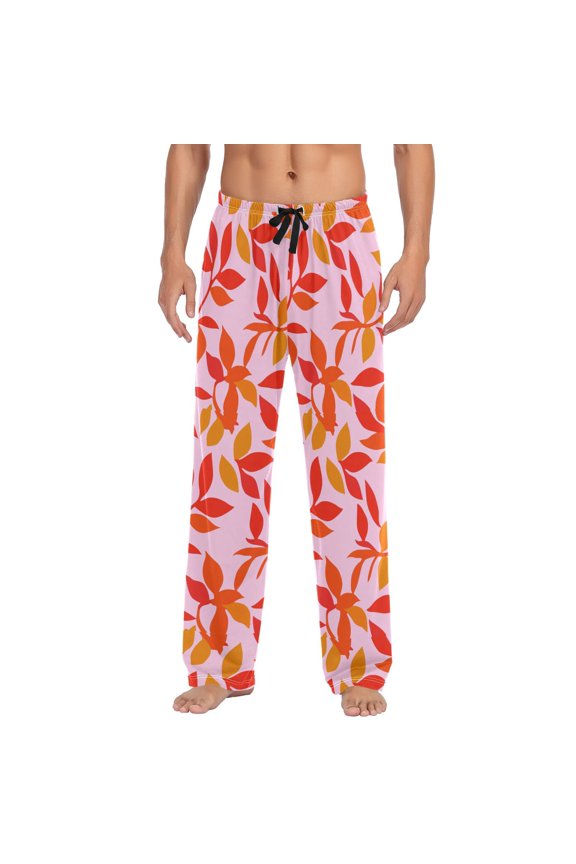 Men's Sleep Pants Lightweight Pjs Sleepwear Comfortable Lounge Pants Bottom Pants with Pocket Red Leaf Pattern