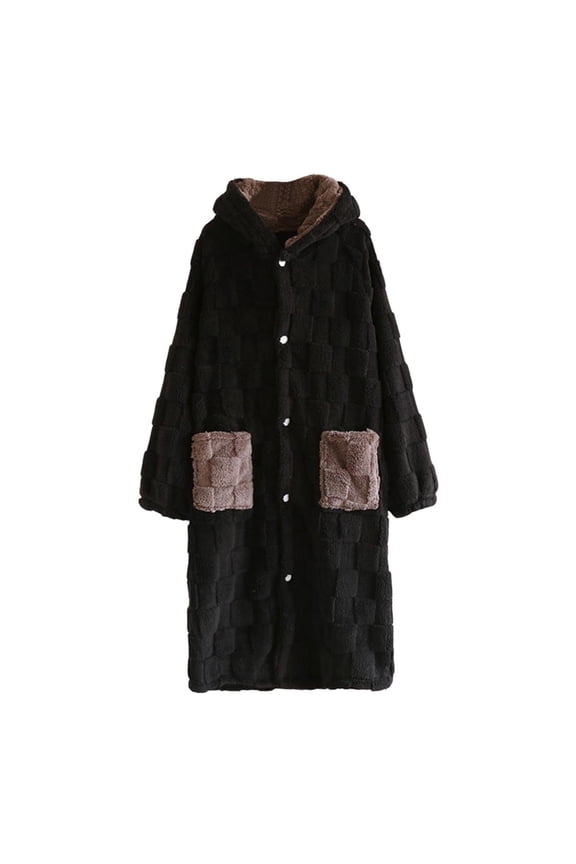 Men's Sleep Robe Flannel Hooded Button Down Long Sleeve Color Block Nightgown Thicken Thermal Casual Soft Home Wear (M, Black)