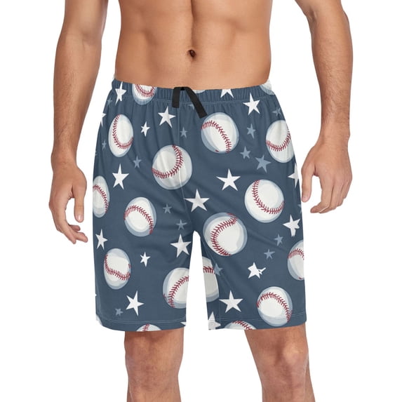 Men’s Sleep Shorts Relaxed Fit Lounge Pants with Pockets Mens Pajama Loungewear Home Wear Comfort Baseball Stars Pattern X-Large