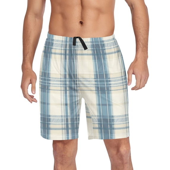 Men’s Sleep Shorts Relaxed Fit Lounge Pants with Pockets Mens Pajama Loungewear Home Wear Comfort Dusty Blue and Beige Check XX-Large