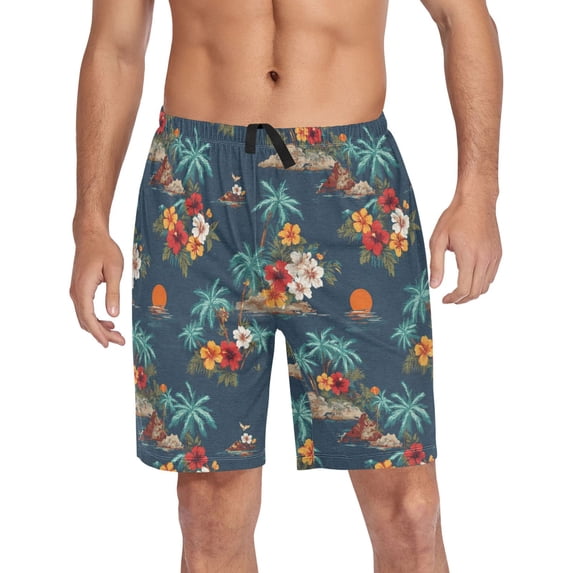 Men’s Sleep Shorts Relaxed Fit Lounge Pants with Pockets Mens Pajama Loungewear Home Wear Comfort Flowers and Palm Trees Pattern Small