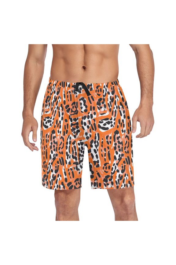 Men’s Sleep Shorts Relaxed Fit Lounge Pants with Pockets Mens Pajama Loungewear Home Wear Comfort Orange Leopard Print Large