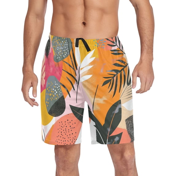 Men’s Sleep Shorts Relaxed Fit Lounge Pants with Pockets Mens Pajama Loungewear Home Wear Comfort Vibrant Colors Abstract Shapes Medium