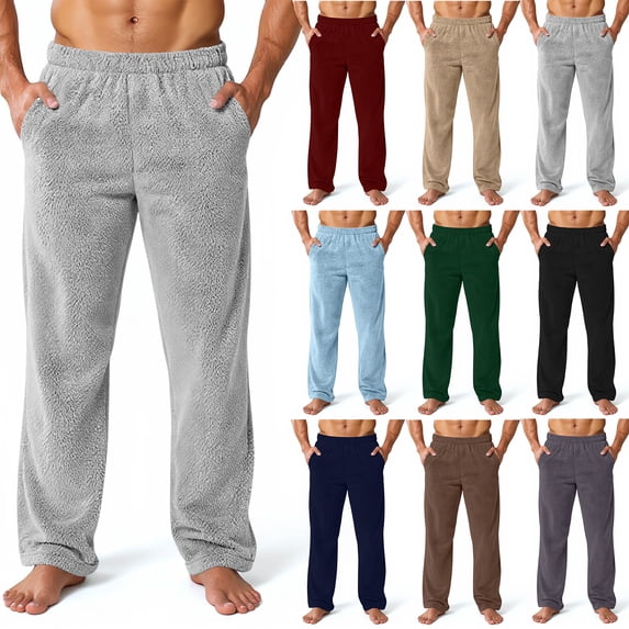 Men's Sleepwear Bottoms Full Length Sleep Pants Flannel Pajama Bottoms Solid Color with Pockets
