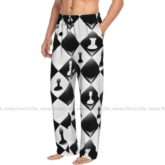 Men's Sleepwear Loose Sleep Pants Pajamas Chess Figures Pattern Long Lounge Bottoms Casual Homewear