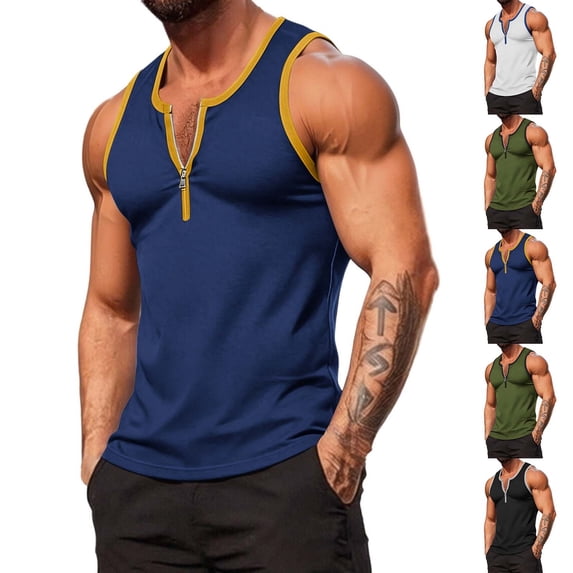 Men's Sleeveless 1/4 Zip V Neck Tank Tops Muscle Fit Athletic Workout Shirts Summer Quick Dry Performance Tee with Contrast Trim for Bodybuilding Fitness Training