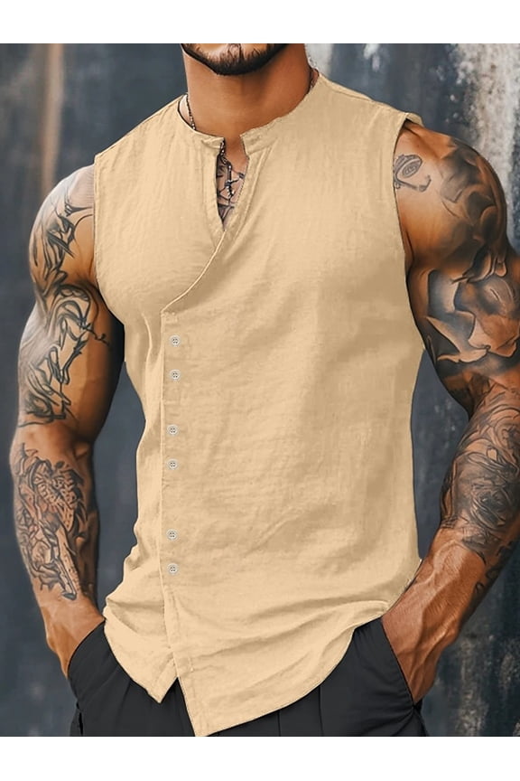 Men's Sleeveless Beach Shirts Summer Button Up Tank Tops Casual Textured Tank Shirt Vintage Western Cowboy Vest Tank Tops Khaki 3XL