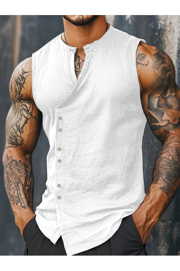 Men's Sleeveless Beach Shirts Summer Button Up Tank Tops Casual Textured Tank Shirt Vintage Western Cowboy Vest Tank Tops White M