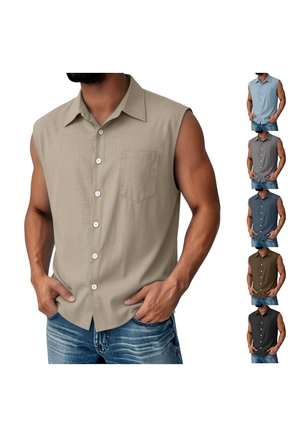 Men's Sleeveless Button-Up Shirts with Collar and Chest Pocket for Guys Who Love to Feel Cool from Morning Walks to Evening Beach Parties Navy L