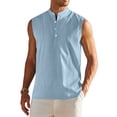 thumbnail image 1 of Men's Sleeveless Button Up Tank Tops Mandarin Collar Textured Fabric Casual Summer Beach Shirts,Light Blue,XL, 1 of 2