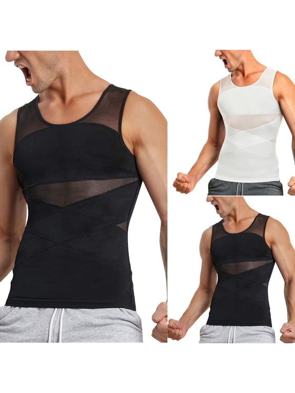 Men's Sleeveless Corset Shapewear High Elastic Waist Trimmer, Crewneck Torso Slimming Vest, Polyester Compression Underwear for Daily | Zenithor,Black L