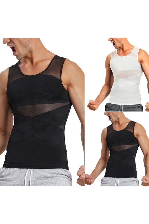 Men's Sleeveless Corset Shapewear High Elastic Waist Trimmer, Crewneck Torso Slimming Vest, Polyester Compression Underwear for Daily | Zenithor,Black L