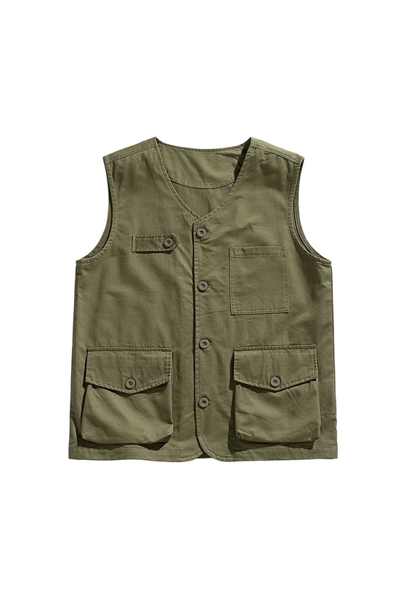 Men's Sleeveless Cotton Utility Vest with Pockets Vintage Button Up Casual Waistcoat Summer Safari Travel Vacation V Neck Layering Tops Father's Day Gift