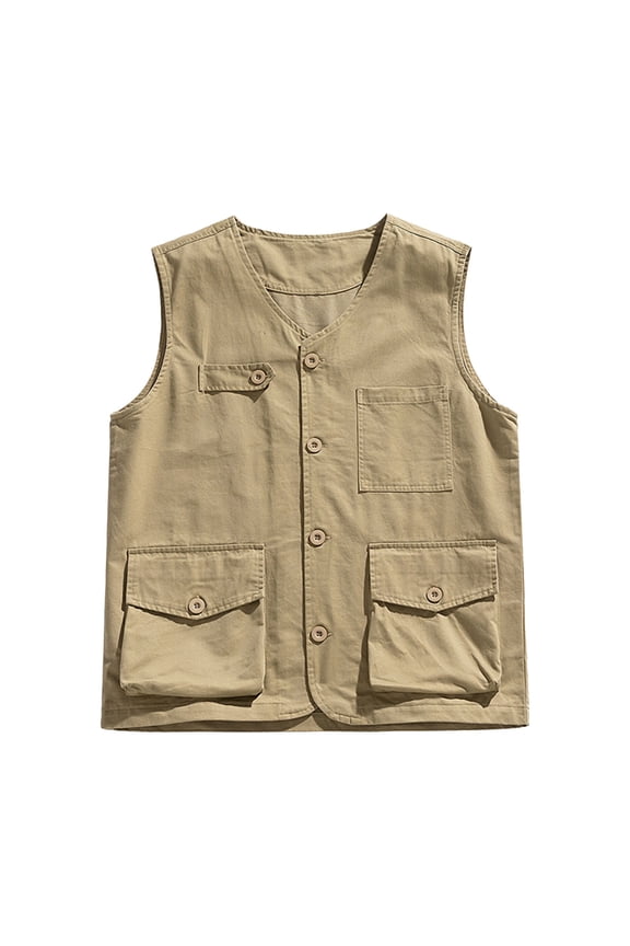 Men's Sleeveless Cotton Utility Vest with Pockets Vintage Button Up Casual Waistcoat Summer Safari Travel Vacation V Neck Layering Tops Father's Day Gift