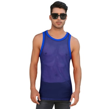 Men's Sleeveless Fishnet Tank Top Mesh Sheer Undershirt See Thru Workout Gym Slim Fitted Muscle Tee