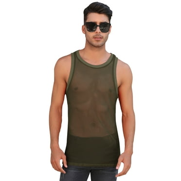 Men's Sleeveless Fishnet Tank Top Mesh Sheer Undershirt See Thru Workout Gym Slim Fitted Muscle Tee