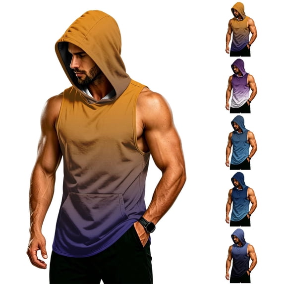 Men's Sleeveless Gradient Hoodie Tank, Muscle Fit Pullover Workout Vest with Pocket - Breathable Quick-Dry Athletic Shirt for Summer Gym & Bodybuilding Black L