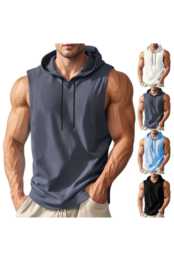 Men’s Sleeveless Hooded Undershirt Cardigan Solid Color Casual Top