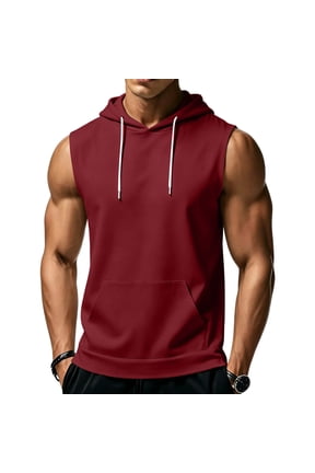 Men's Sleeveless Hoodie Casual Vintage Washed Muscle Tank Top Workout Gym Loose Fit Drawstring Hooded Shirt Summer Tops,L,Wine