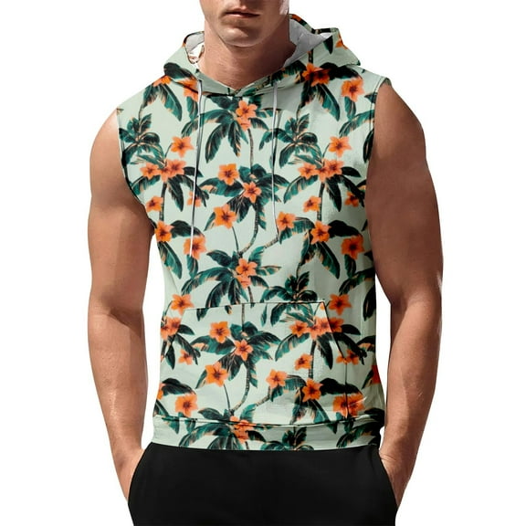 Men's Sleeveless Hoodie With Floral Print Lightweight Summer Casual Gym Workout Tank Top Beachwear