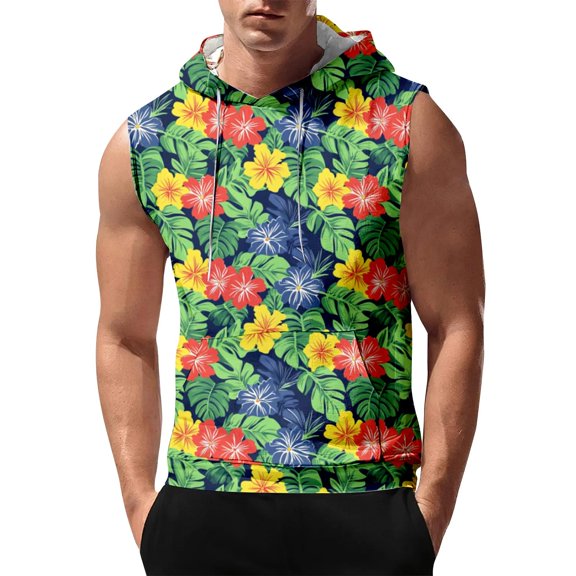 Men's Sleeveless Hoodie With Floral Print Lightweight Summer Casual Gym Workout Tank Top Beachwear