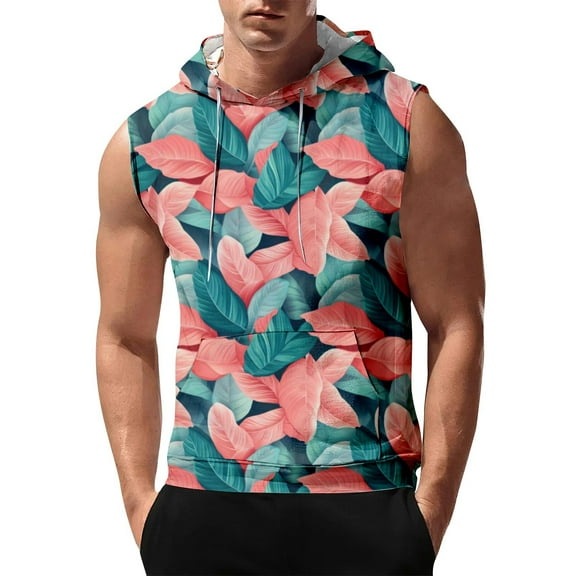 Men's Sleeveless Hoodie With Tropical Leaf Print Lightweight Casual Summer Tank Top Perfect For Gym And Outdoor Activities