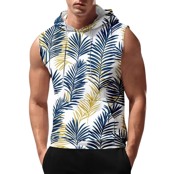 Men's Sleeveless Hoodie With Tropical Leaf Print Lightweight Casual Summer Tank Top Perfect For Gym And Outdoor Activities