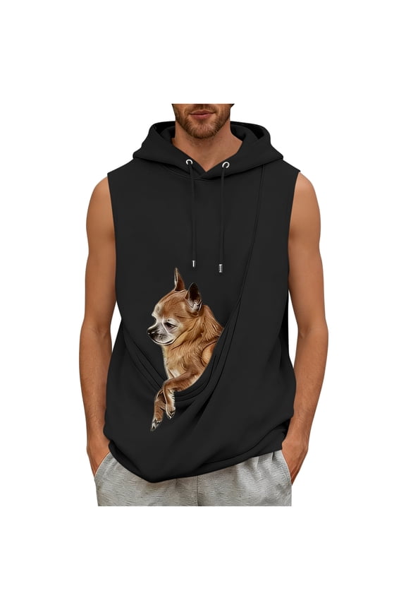 Men's Sleeveless Hoodie with Pet Pouch Pocket, Kangaroo Carrier, Drawstring Hood, Casual Pullover Sweatshirt Vest for Small Dog/Cat Outdoors