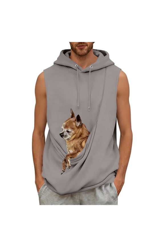 Men's Sleeveless Hoodie with Pet Pouch Pocket, Kangaroo Carrier, Drawstring Hood, Casual Pullover Sweatshirt Vest for Small Dog/Cat Outdoors