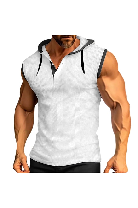 Men's Sleeveless Hoodies Summer Workout Tank Tops Pullover Henley T Shirt Bodybuilding Fitness Gym Muscle Tee Shirts