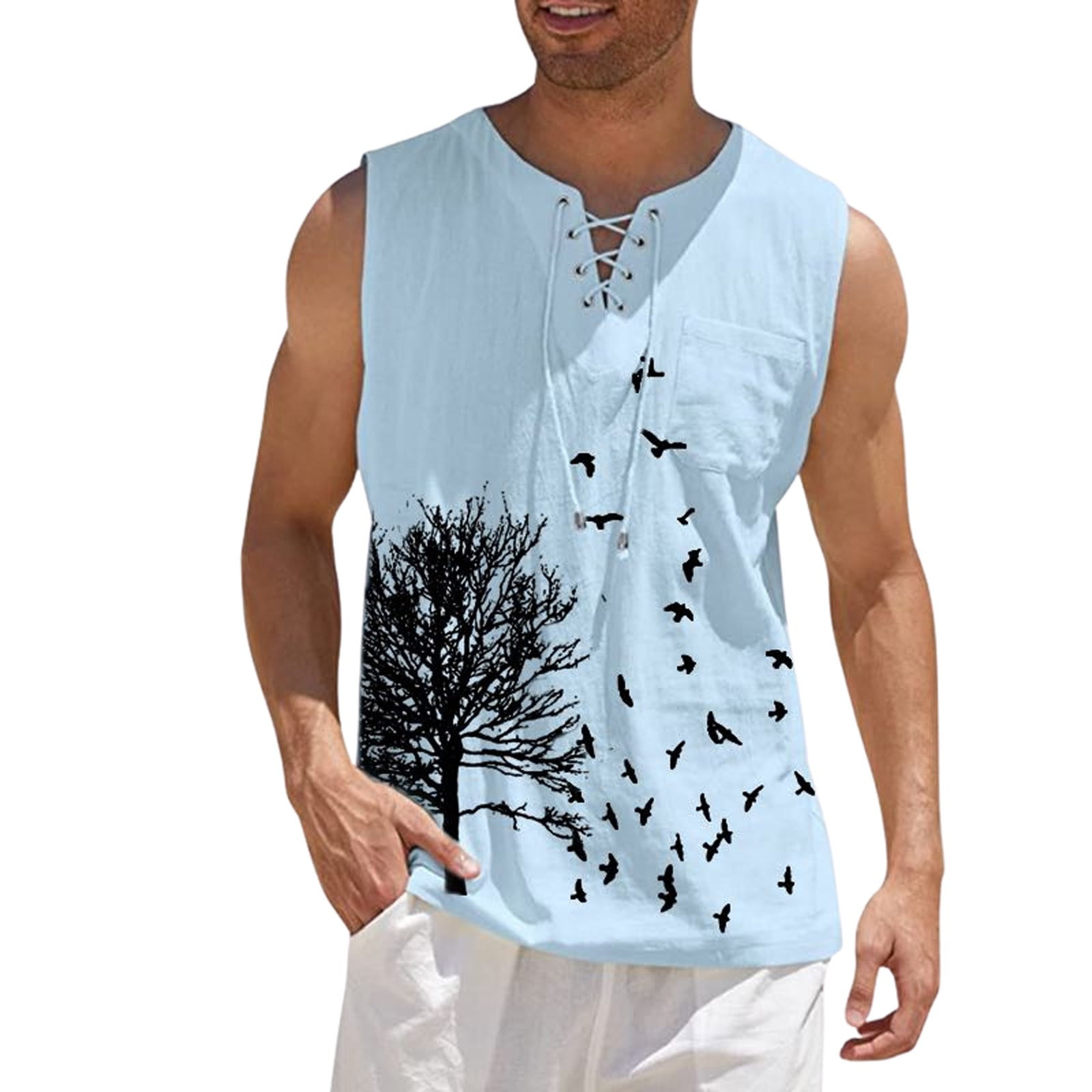 Men's Sleeveless LaceUp Tank Top with Tree and Bird Print, Casual