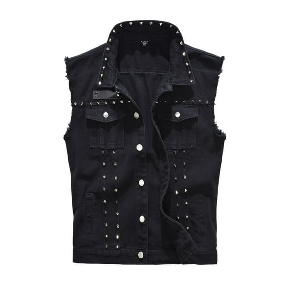 Men's Sleeveless Lapel Punk Denim Jean Vests Jacket With Rivets Sleeve Less Outerwear