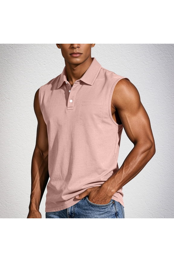 Men's Sleeveless Lapel Vest Casual Half Button Pullover with Pockets Solid Color Summer Top