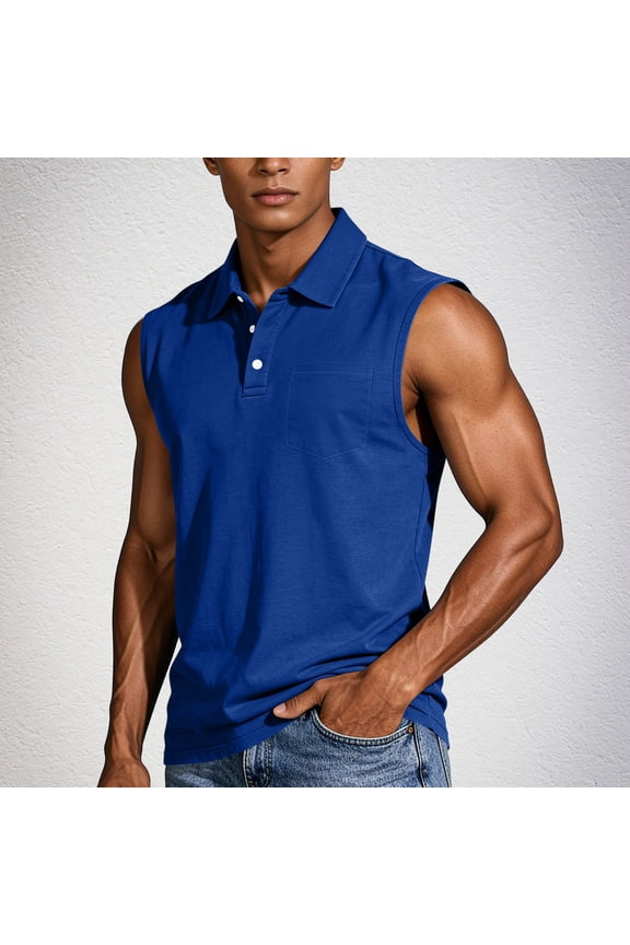 Men's Sleeveless Lapel Vest Casual Half Button Pullover with Pockets Solid Color Summer Top