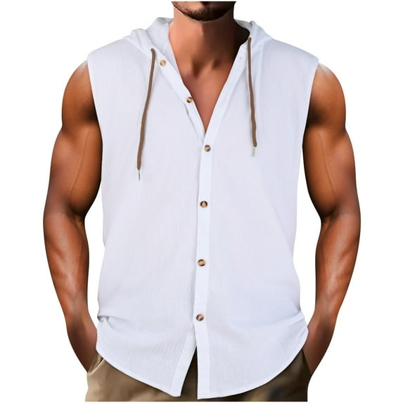 Men's Sleeveless Linen Hoodies Drawstring Button Down Tank Tops Muscle Gym Bodybuilding Beach T Shirts