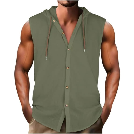 Men's Sleeveless Linen Hoodies Drawstring Button Down Tank Tops Muscle Gym Bodybuilding Beach T Shirts