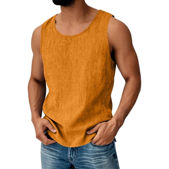 Men's Sleeveless Linen Tank Top Casual Loose Fit Lightweight Round Neck Soft Breathable Comfortable Basic Undershirt,M