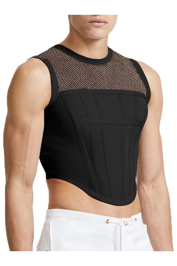 Men's Sleeveless O-neck Vests Mesh Patchwork Transparent Tank Tops