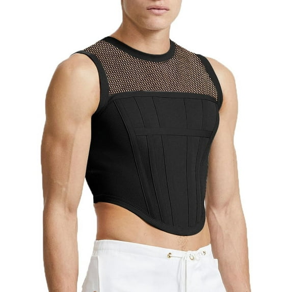 Men's Sleeveless O-neck Vests Mesh Patchwork Transparent Tank Tops