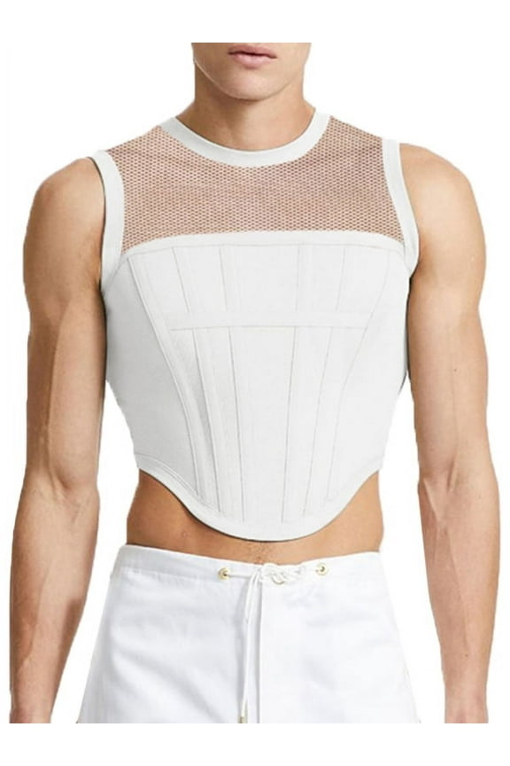 Men's Sleeveless O-neck Vests Mesh Patchwork Transparent Tank Tops