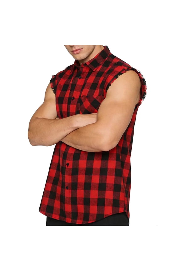 Men's Sleeveless Shirt Plaid Button Down Casual Shirts Summer Lightweight Loose Work Tank Tops with Pocket