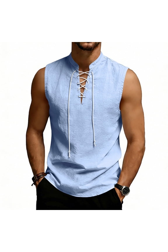 Men's Sleeveless Shirts Men's Breathable Summer Sleeveless Muscle Shirt Relaxed Fit Pull String Design Tank Light Blue XXL