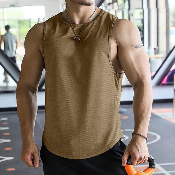 Men's Sleeveless Shirts Quick Dry Tank Tops Workout Gym Muscle Shirts for Swim Beach Bodybuilding Khaki 2XL