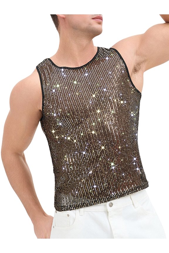 Men's Sleeveless Spring Rhinestone Glitter Festival Versatile Undershirt Top for Party Summer Gold XL